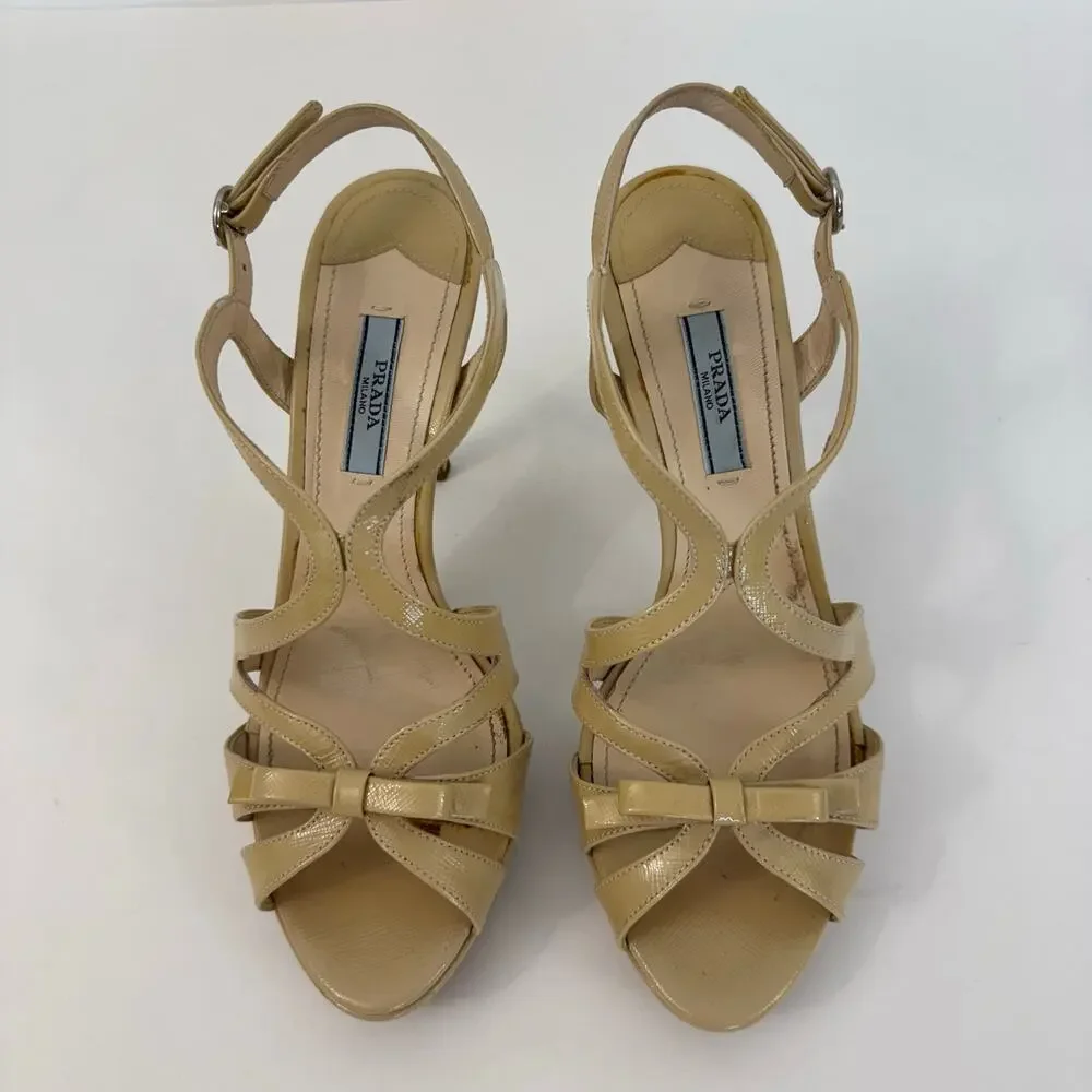 Prada Patent Leather Bow Accents Strappy Sandals Shoes Nude Tan | 37.5 (US 7.5)